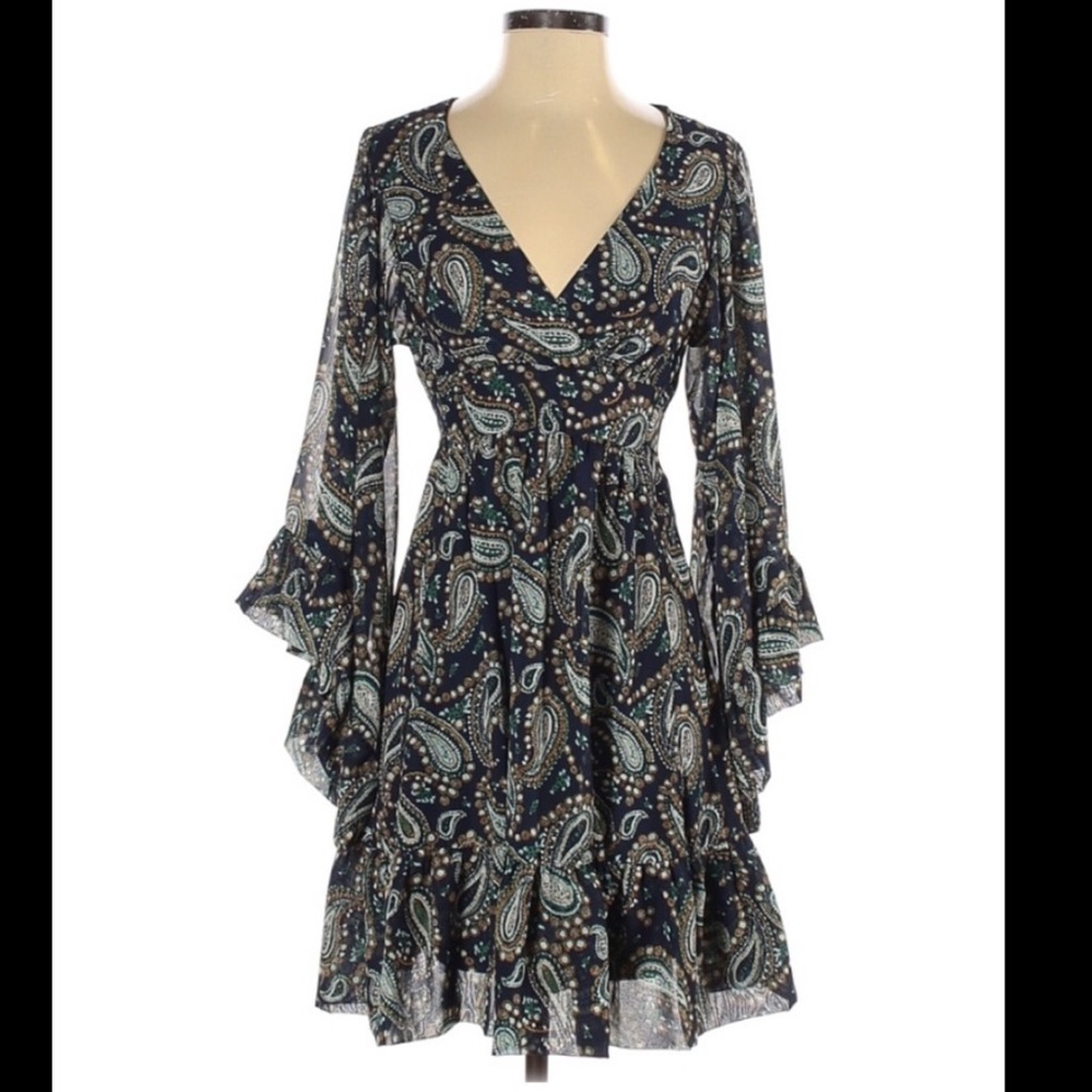 Betsey Johnson Navy Paisley Mini Dress with Teal & Cream Accents